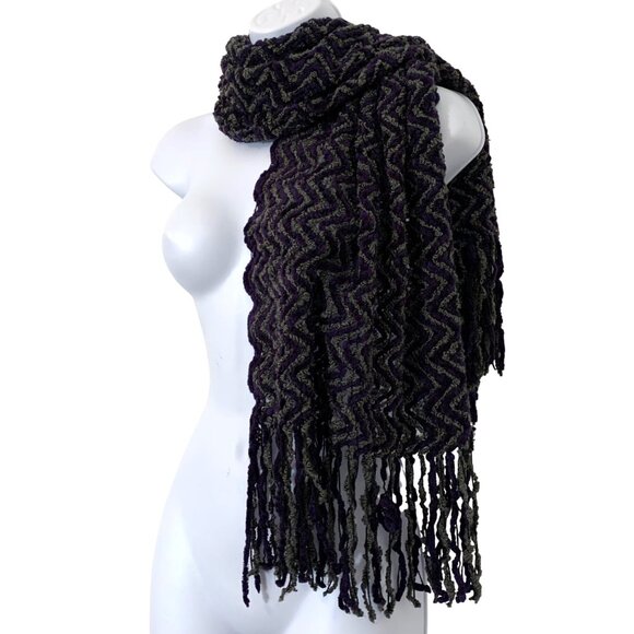Saks Fifth Avenue Purple & Gray Chevron Knit Fringed Scarf Wrap - Made In Italy - Picture 6 of 7